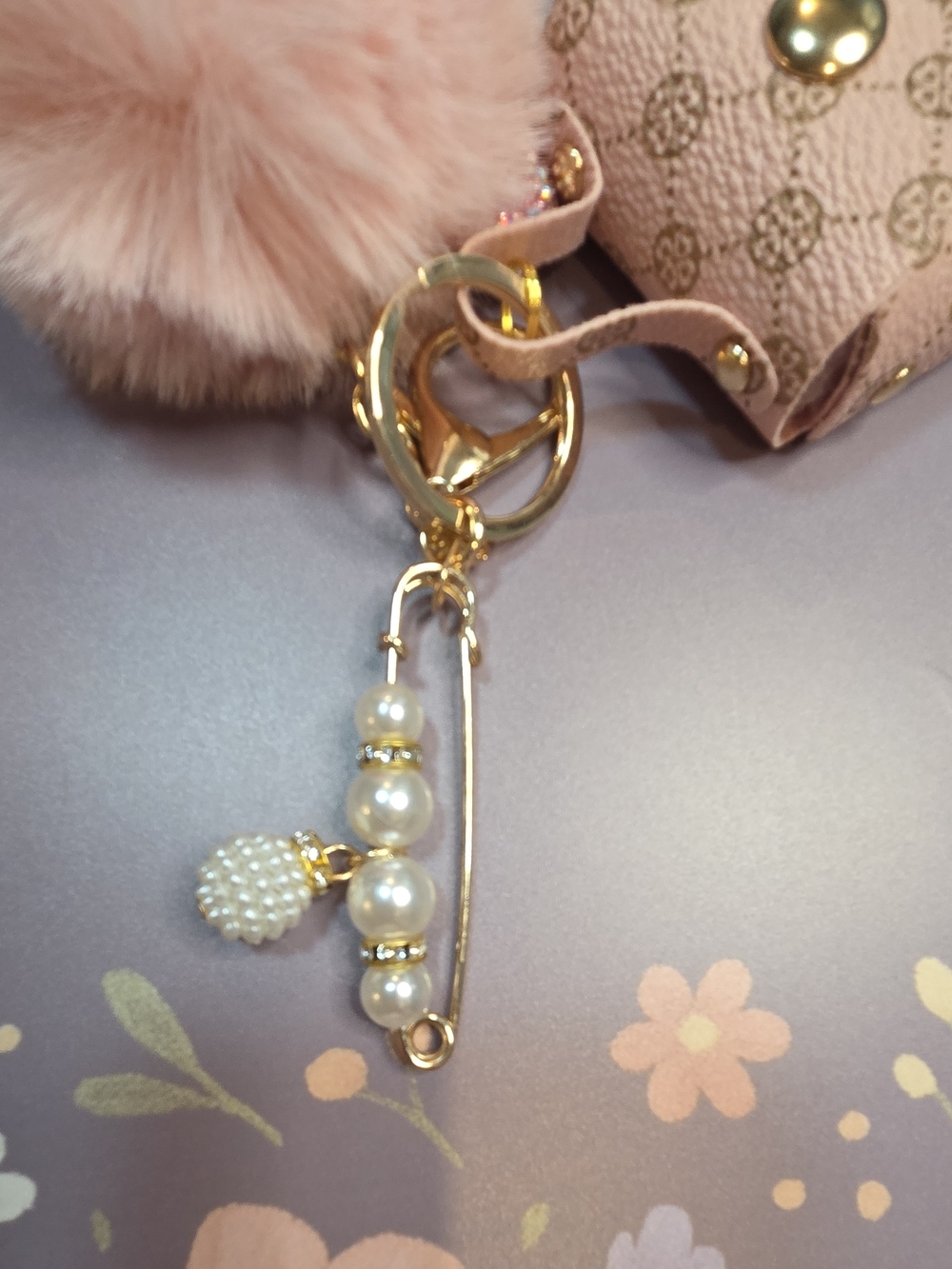 Pink Faux-Fur Pom Pom Keychain Bag Charm with Crystal Accents - Picture 5 of 14